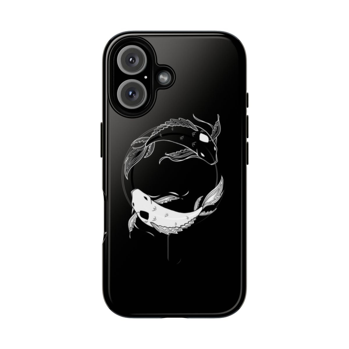 A white spirit fish design on a black phone case background.