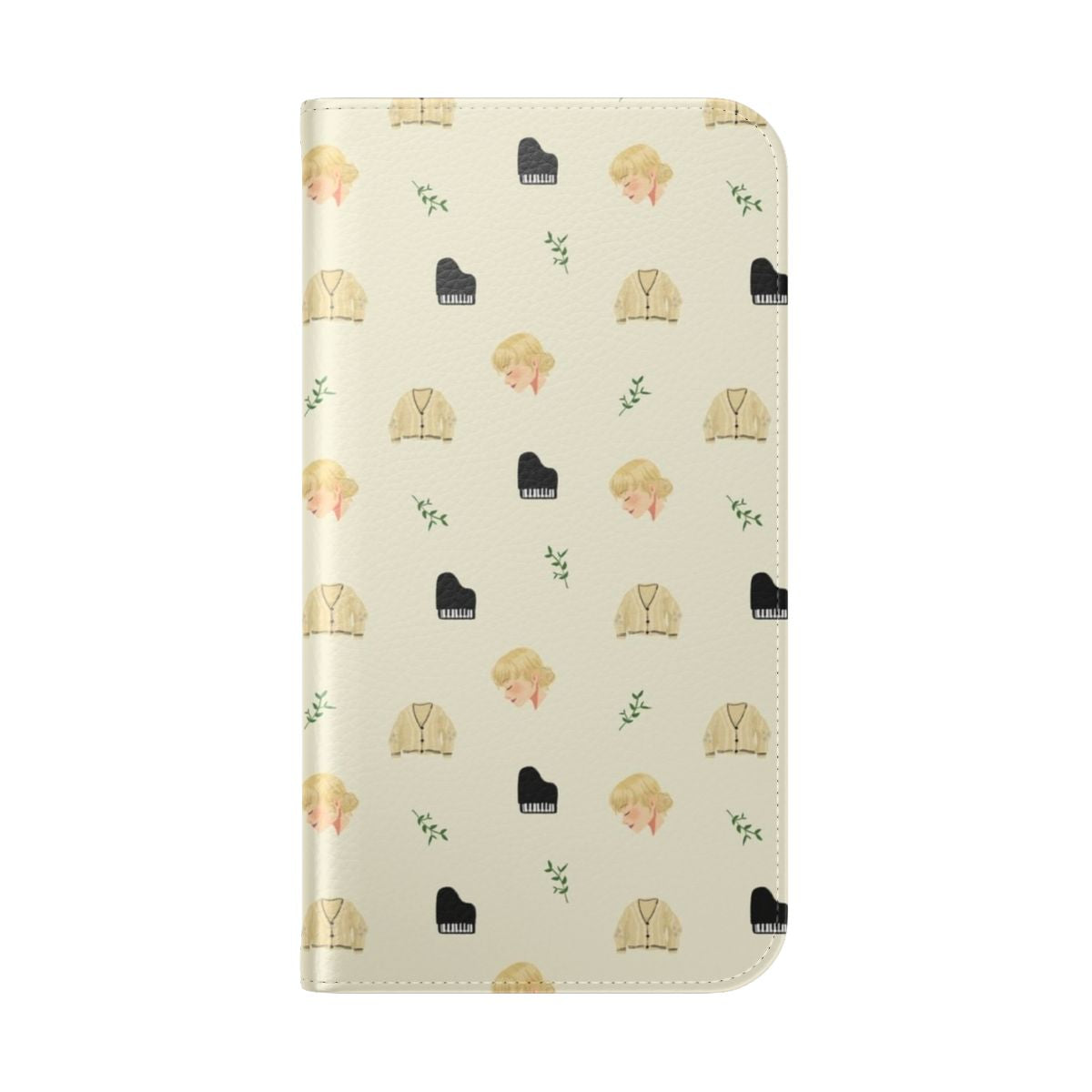 Cardigan-inspired flip cover phone case with forest, piano, and autumn motifs - Folded Back