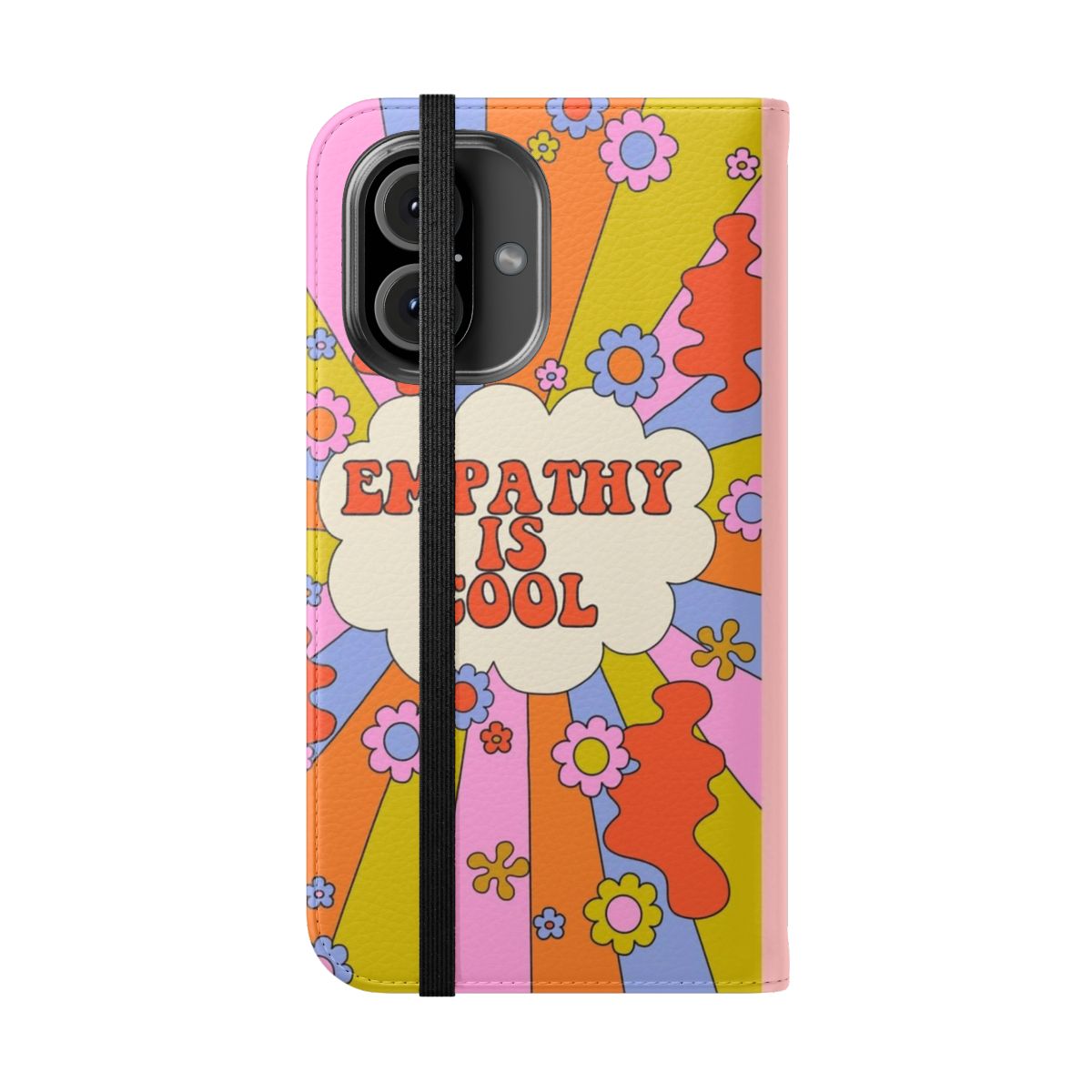 Peach fuzz retro floral phone case with text promoting empathy and kindness - Folded Front