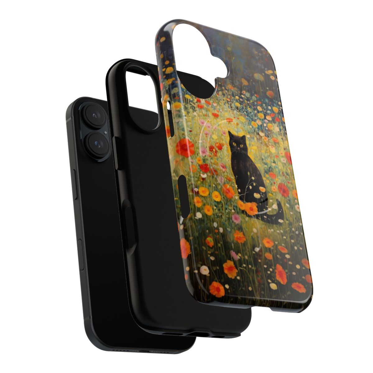 Magnetic phone case with a vintage-inspired design featuring a black cat in a garden of flowers, inspired by the art of Gustav Klimt. - Layers