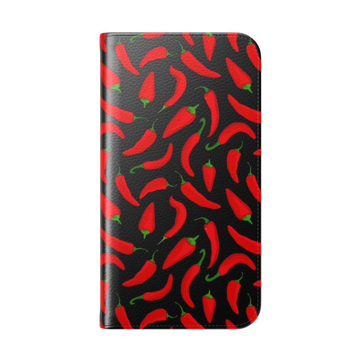 A stylish black phone case with a vibrant red chili pepper pattern design. - Folded Back