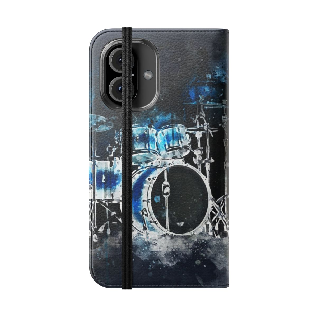 Vibrant flip phone case with a drum kit design, perfect for musicians and music fans. - Folded Front