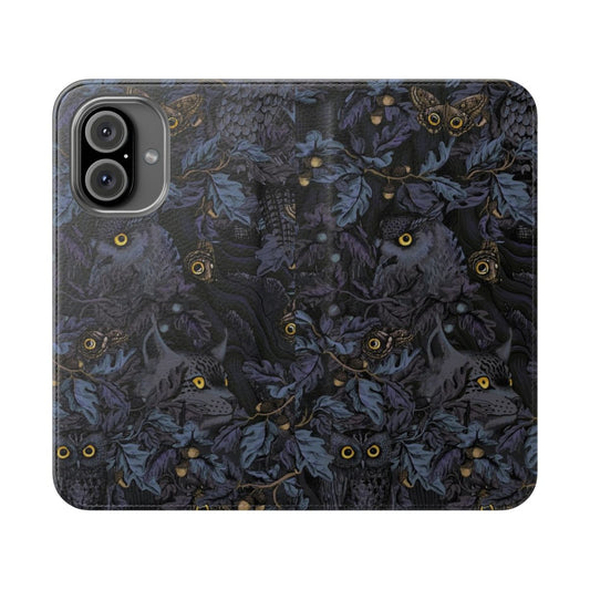 Flip cover phone case with a nature-inspired camouflage design in shades of blue