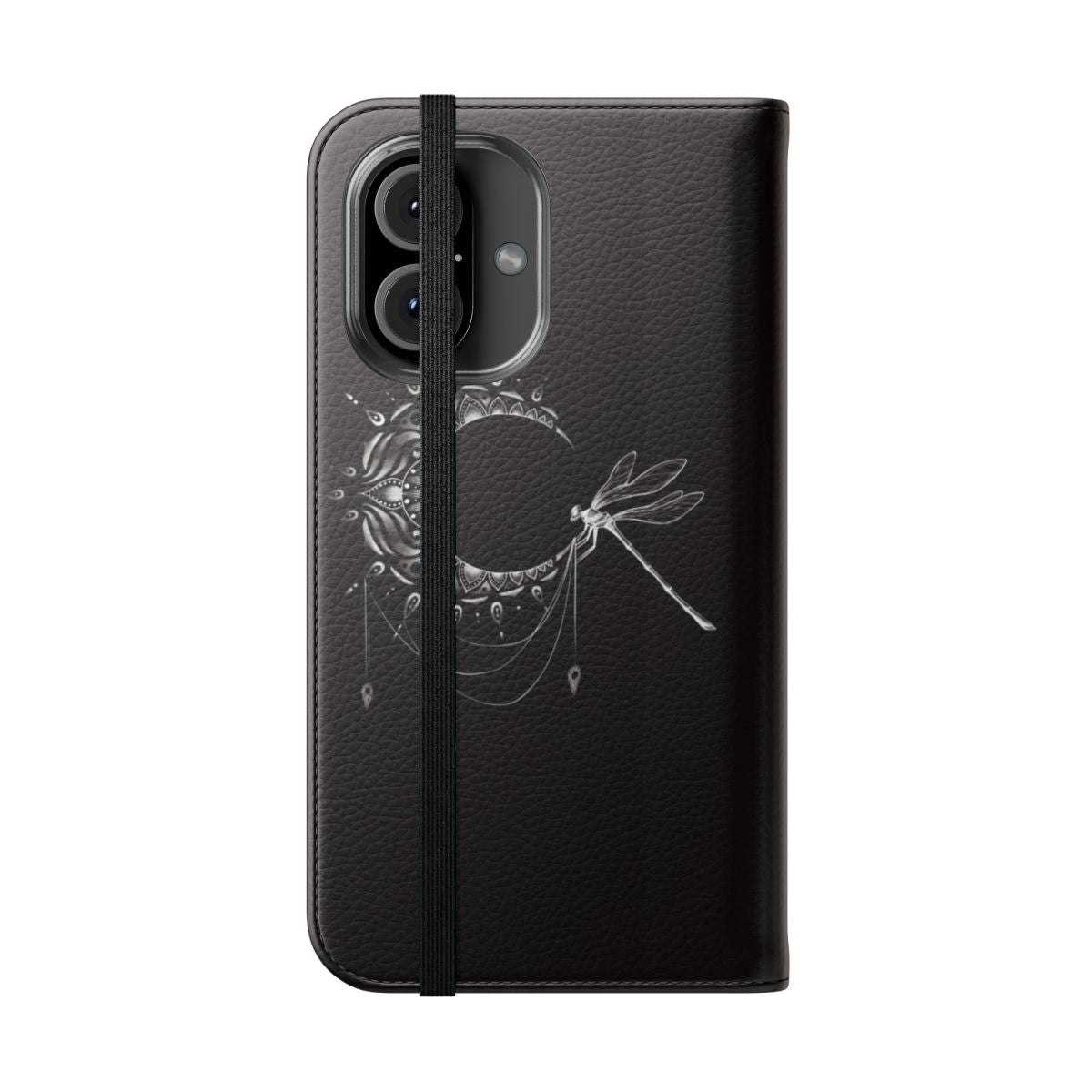 Crescent moon and dragonfly design on a black and white phone case - Folded Front