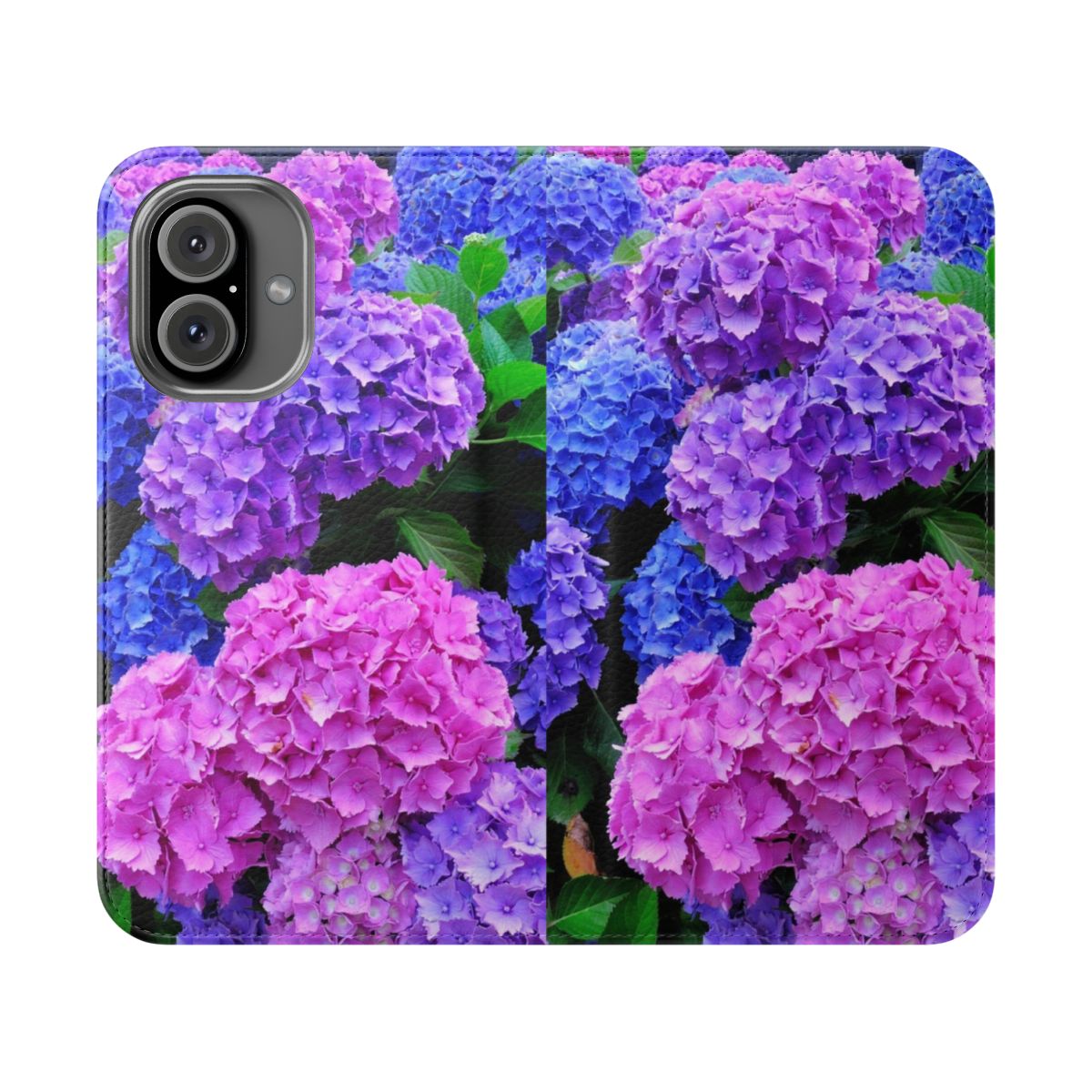 Flip cover phone case featuring a beautiful design of blooming purple and blue hydrangea flowers.