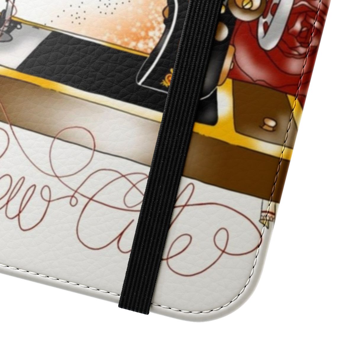 Vintage-inspired flip cover phone case with sewing-themed design, including a mannequin, scissors, and other ornate elements in a gold and white color scheme. - Close Up