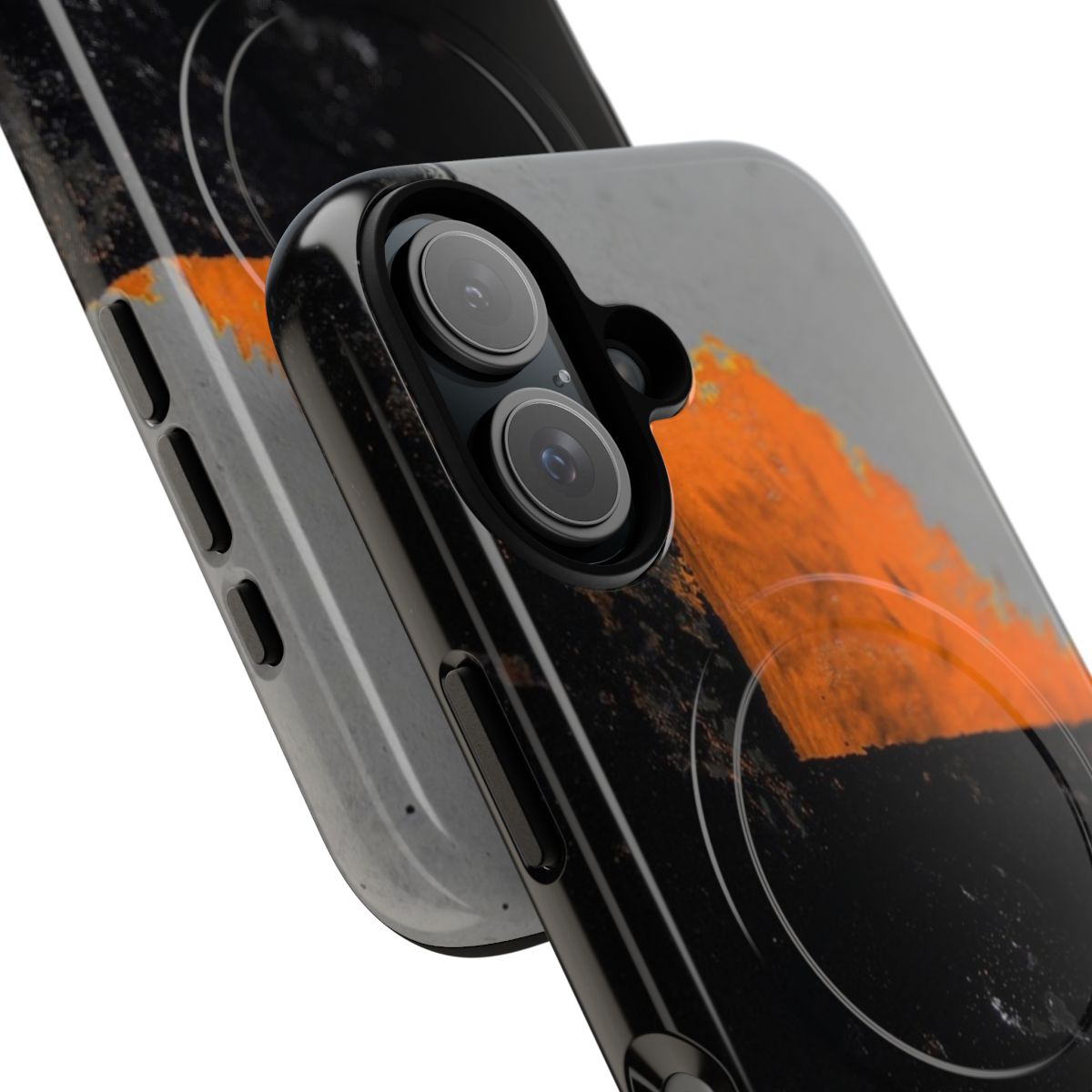 Minimalist abstract expressionist art phone case in orange and black - Detail