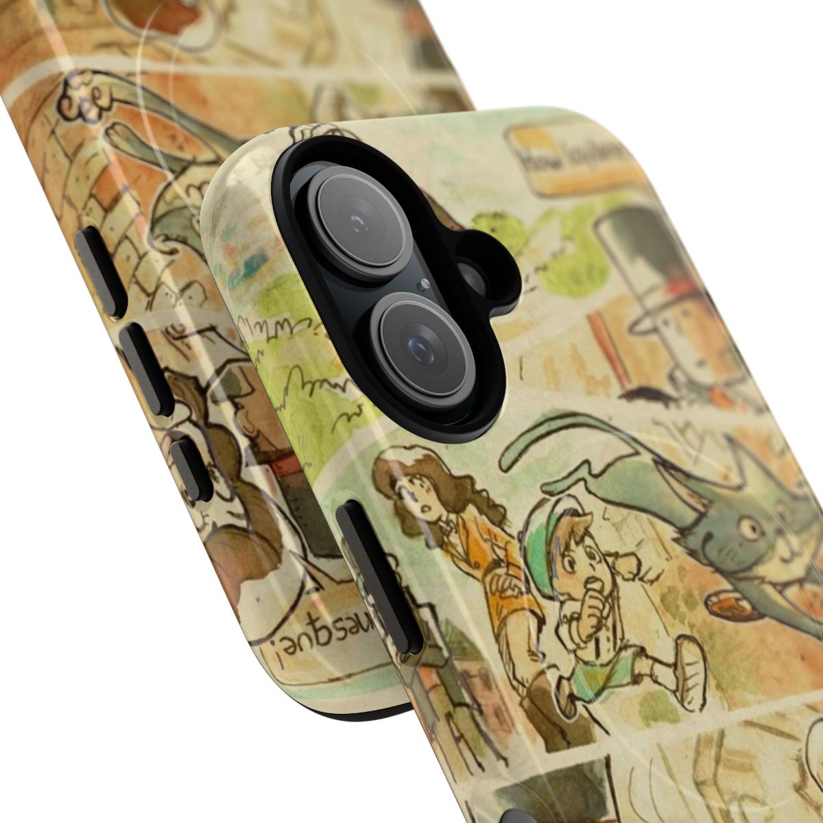 Professor Layton-themed phone case with watercolor-style artwork featuring characters from the video game series. - Detail