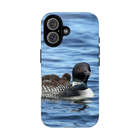 Artistic image of a mother loon with her two baby chicks, featured on a protective and durable magnetic phone case