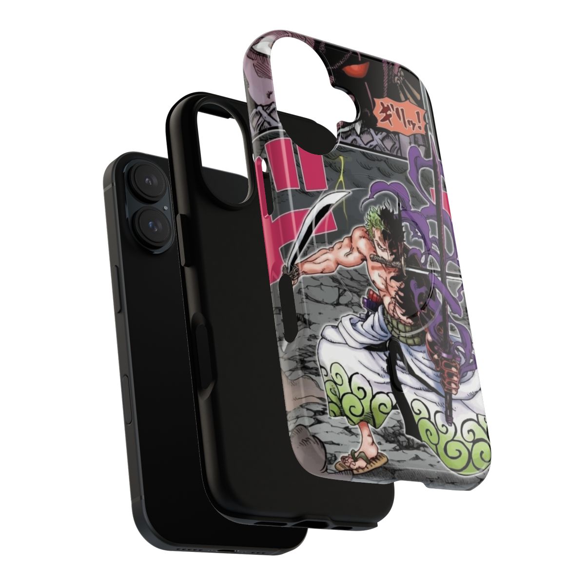 Colorful manga-inspired phone case featuring Zoro from the anime/manga series One Piece - Layers