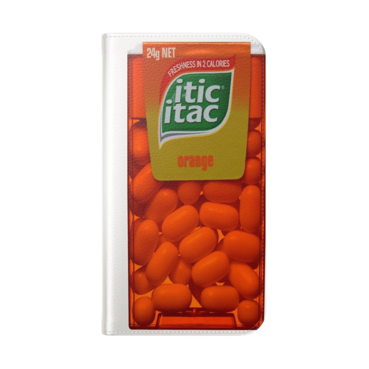 Vibrant orange phone case with a tic tac inspired design - Folded Back