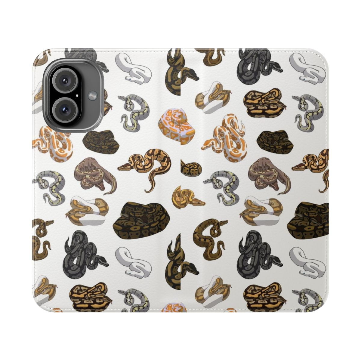 Flip cover phone case with a ball python snake pattern design