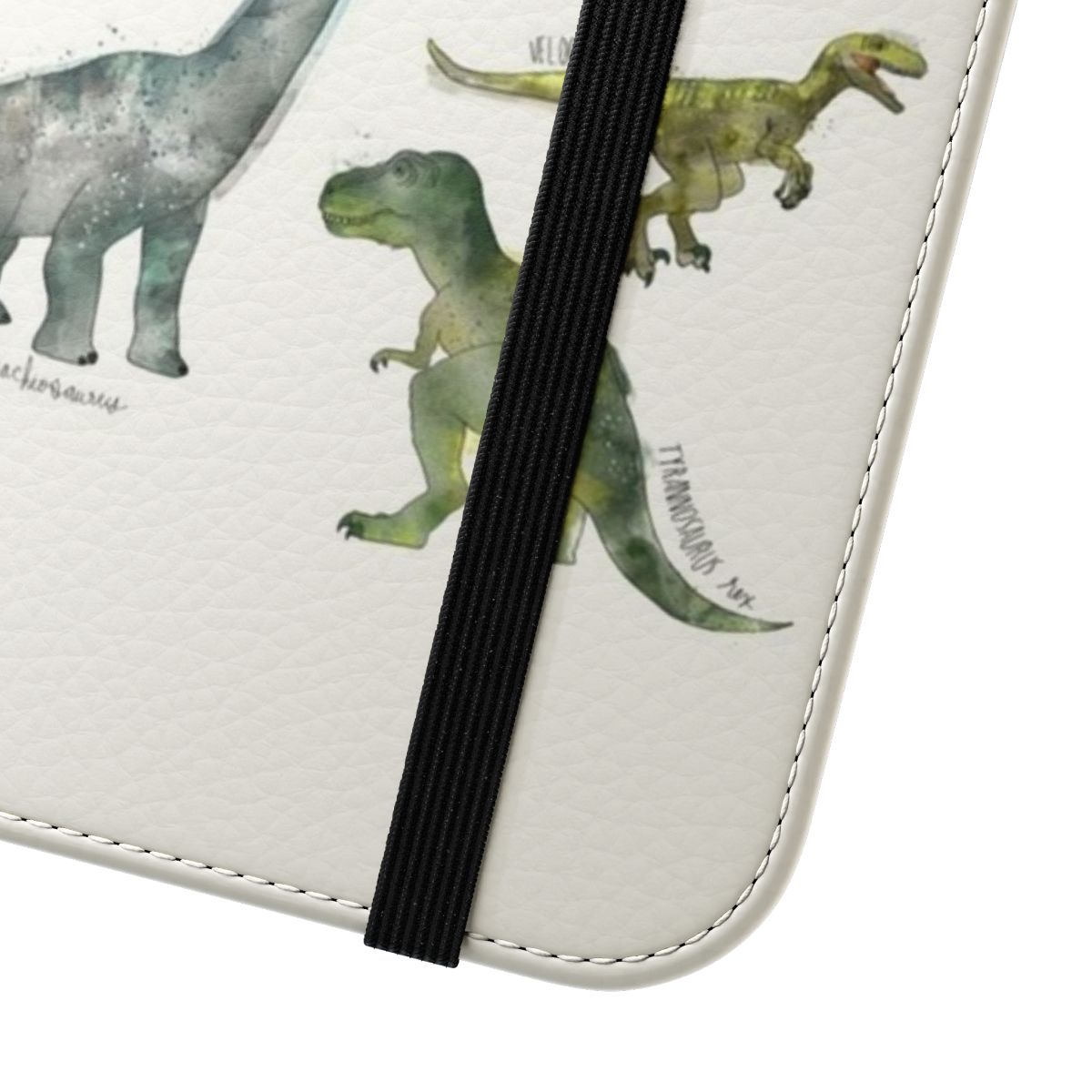 Flip phone case featuring a collage of various dinosaur illustrations and designs - Close Up