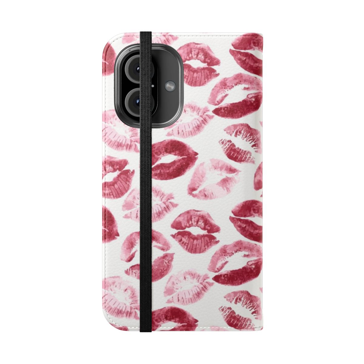 A vibrant and fashionable phone case cover featuring a lipstick kiss design. - Folded Front