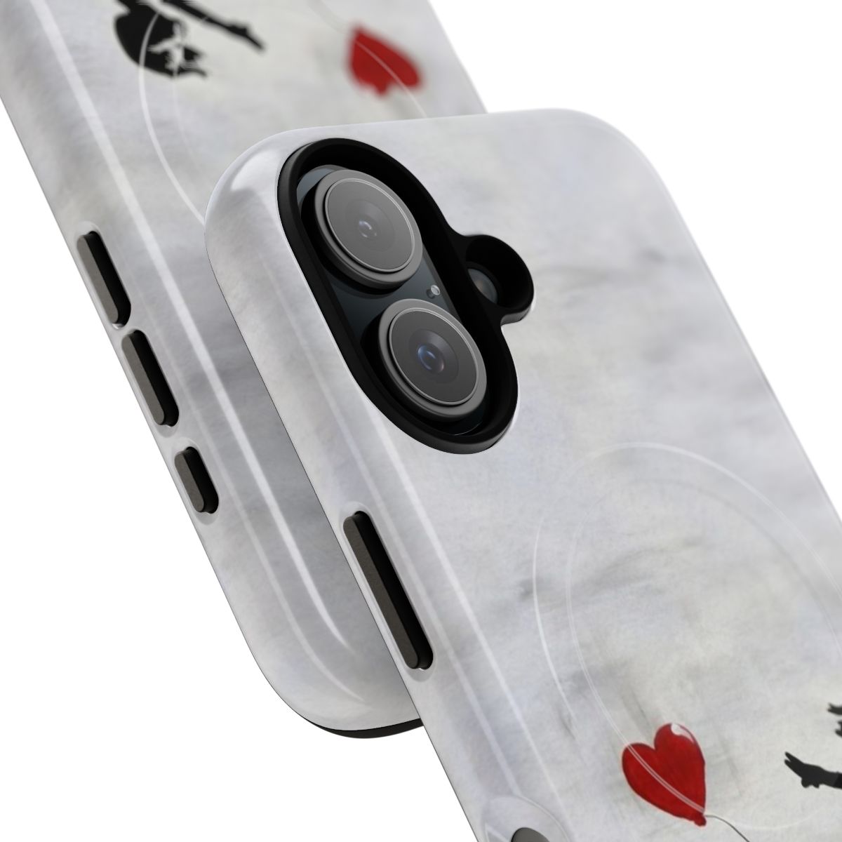 Banksy-inspired graffiti art featuring a girl with a heart balloon, printed on a high-quality phone case. - Detail