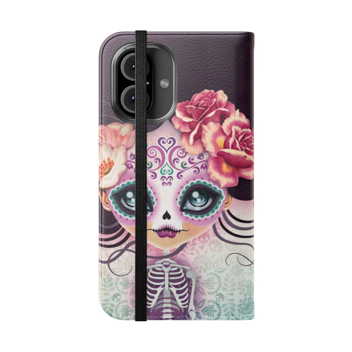 A vibrant sugar skull-inspired flip phone case with a gothic, boho-chic design. - Folded Front