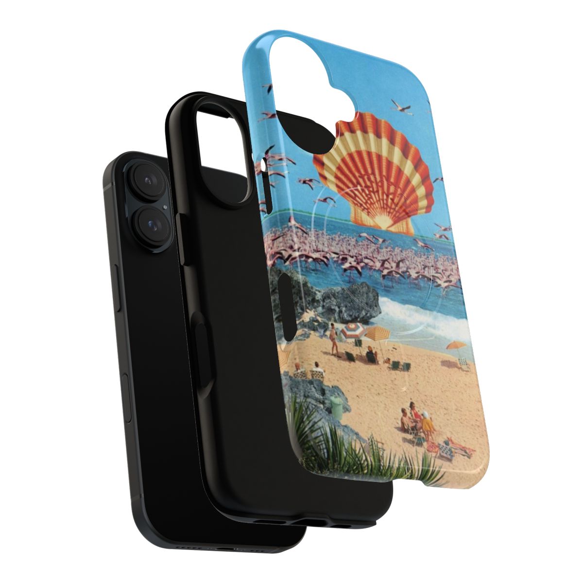 A magnetic phone case featuring a surreal collage design with a flamingo, vintage beach elements, and a trippy, psychedelic landscape. - Layers