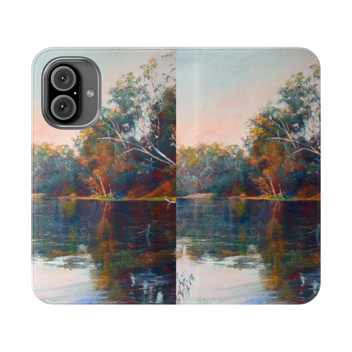 A gold flip phone case with a serene landscape design of a river, trees, and sunset.