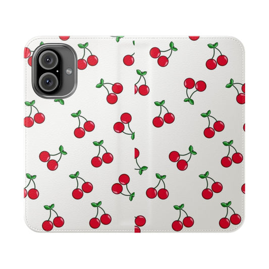 Closeup of a vibrant cherry-patterned phone case with cute emoji icons