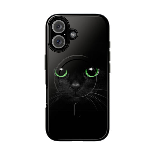 Magnetic tough phone case with a green-eyed black cat design