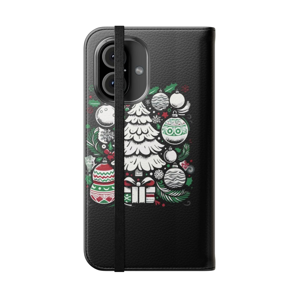 Festive art Christmas tree phone case with holiday ornament balls - Folded Front