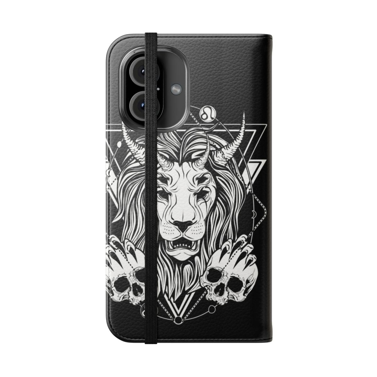 Dark Art Zodiac Leo Flip Cover Phone Case featuring a fierce lion with horns, skulls, and a monstrous design - Folded Front