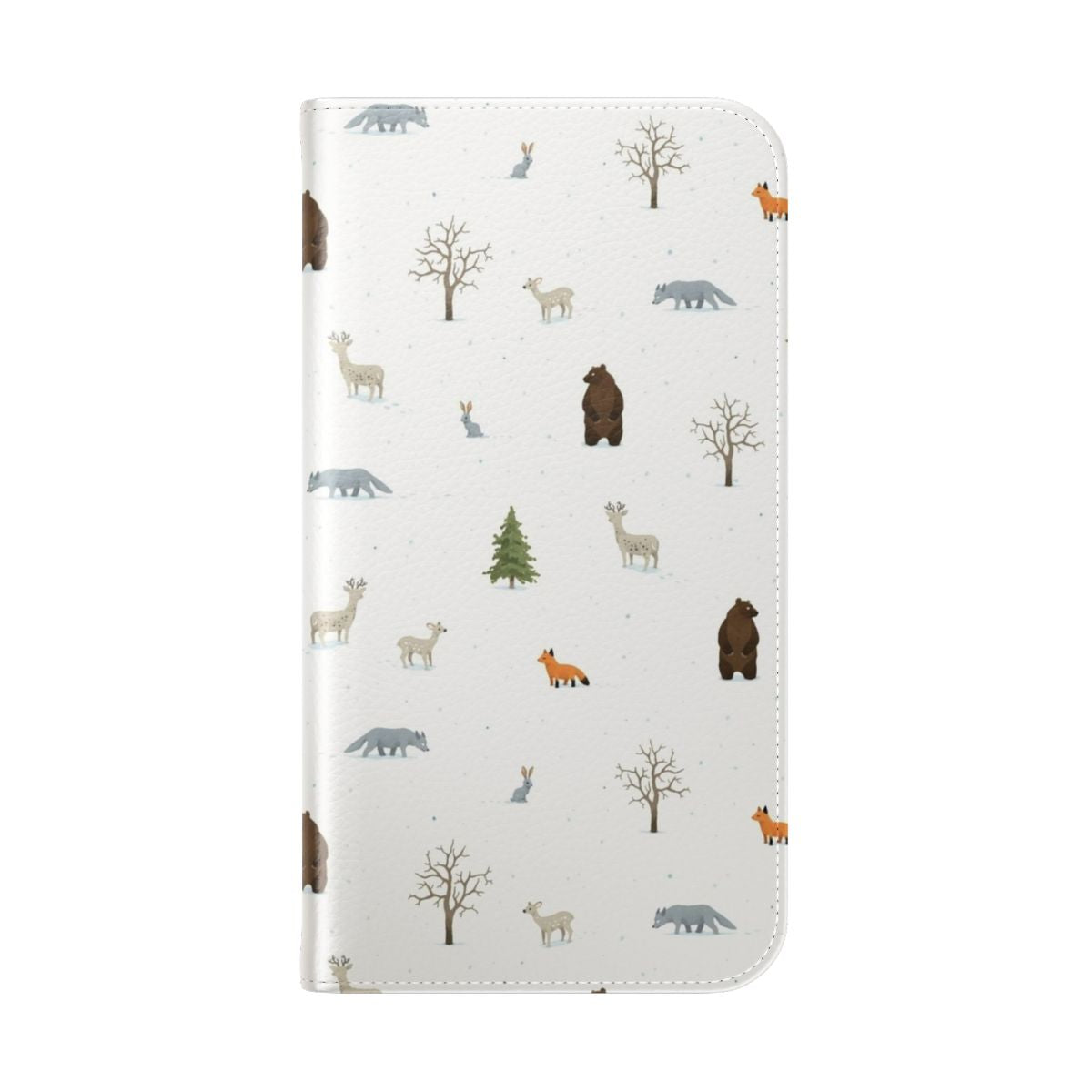 A winter-themed phone case featuring a pattern of forest animals like foxes, bears, wolves, deer, and rabbits in a snowy woodland setting. - Folded Back