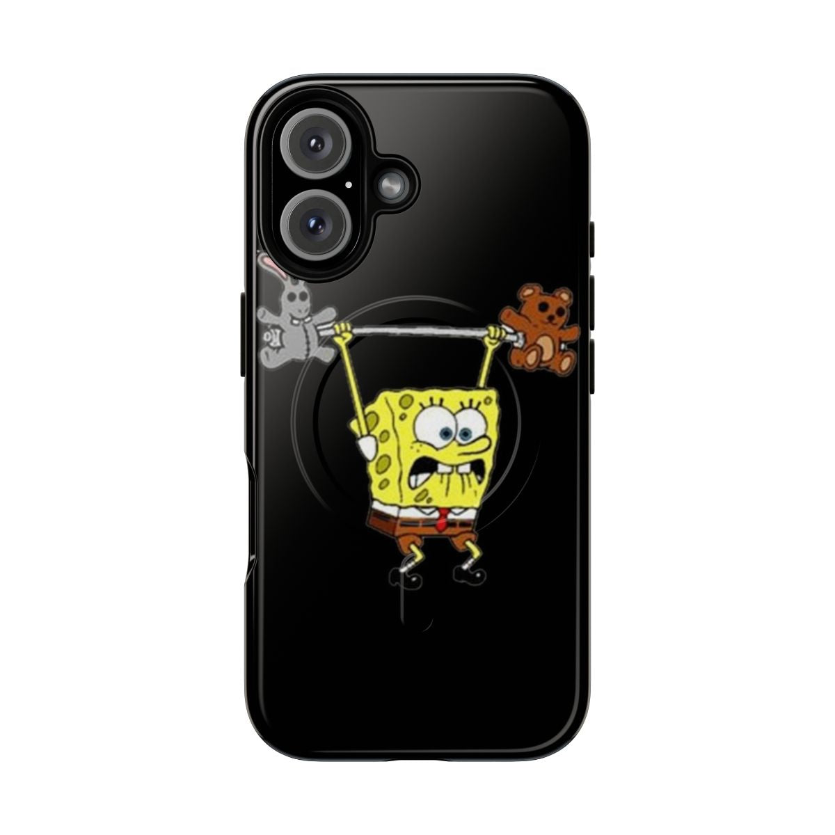 Spongebob-inspired phone case with Spongebob lifting weights design, featuring anime and manga-style art