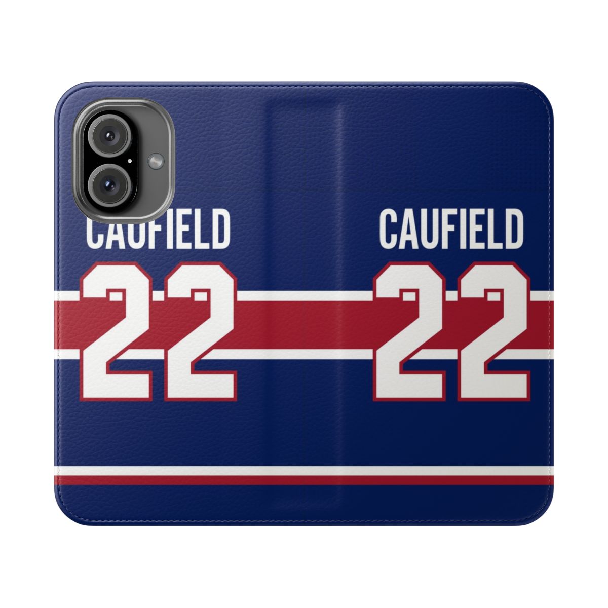 A phone case featuring a reverse Montreal Canadiens jersey design with the number 22 for player Cole Caufield.