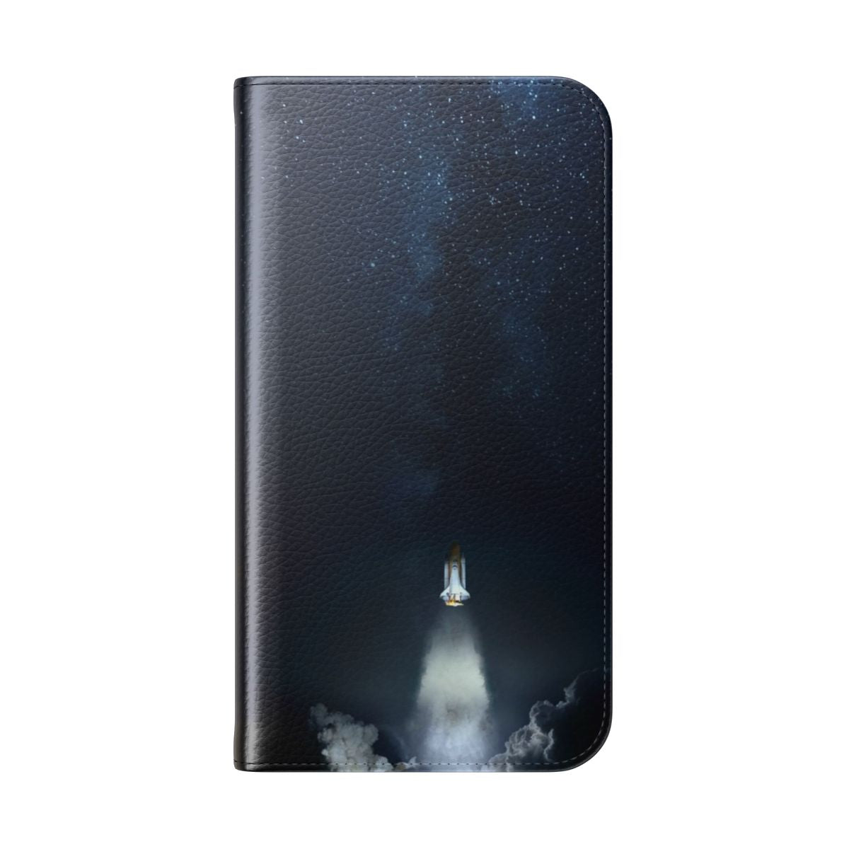 Flip cover phone case featuring a stunning intergalactic space design with nebulae, galaxies, and stars. - Folded Back