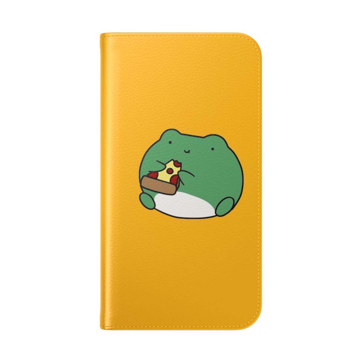 Closeup of a cute, cartoon frog eating a slice of pepperoni pizza on a flip phone case - Folded Back