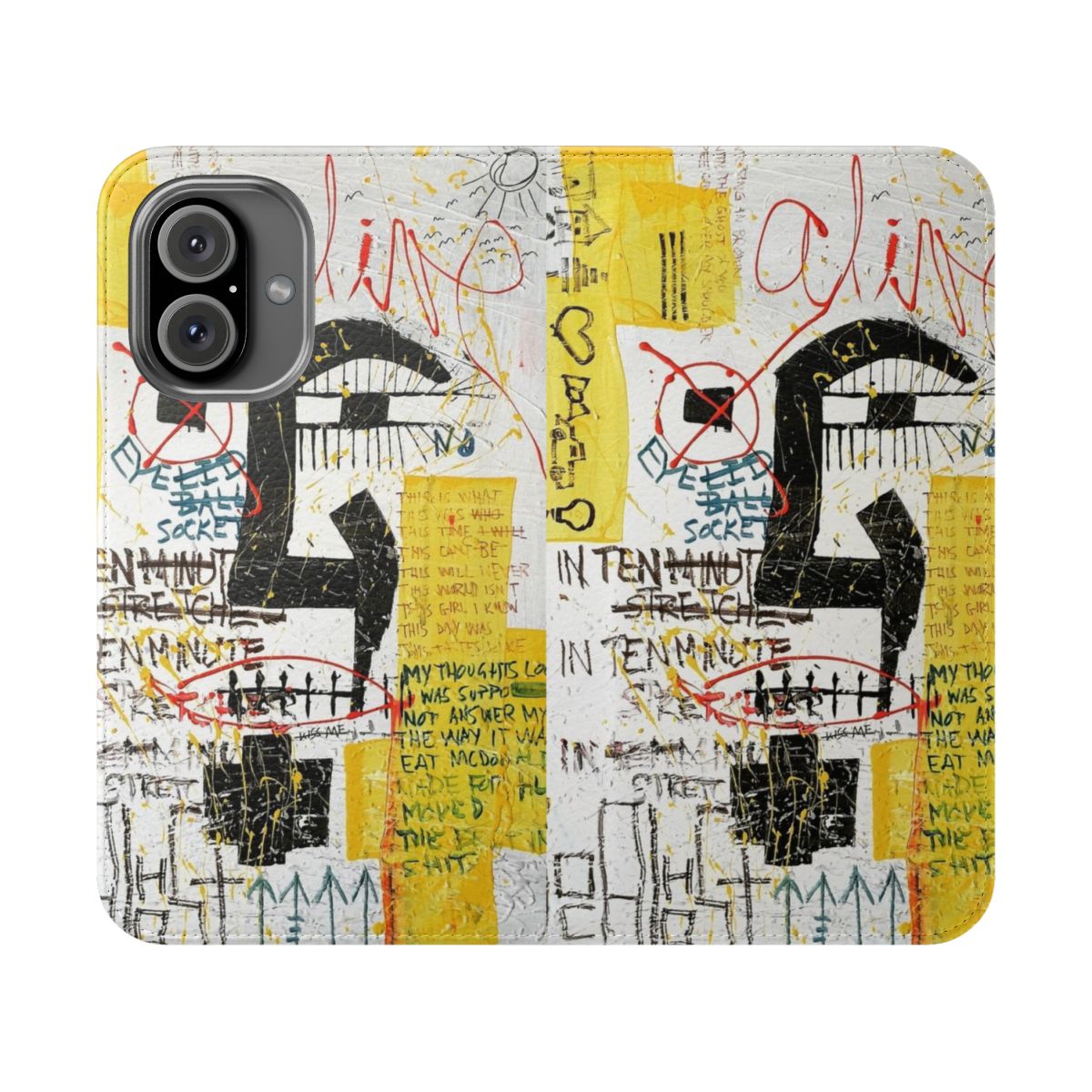 Artistic flip cover phone case with abstract, neo-expressionist style designs