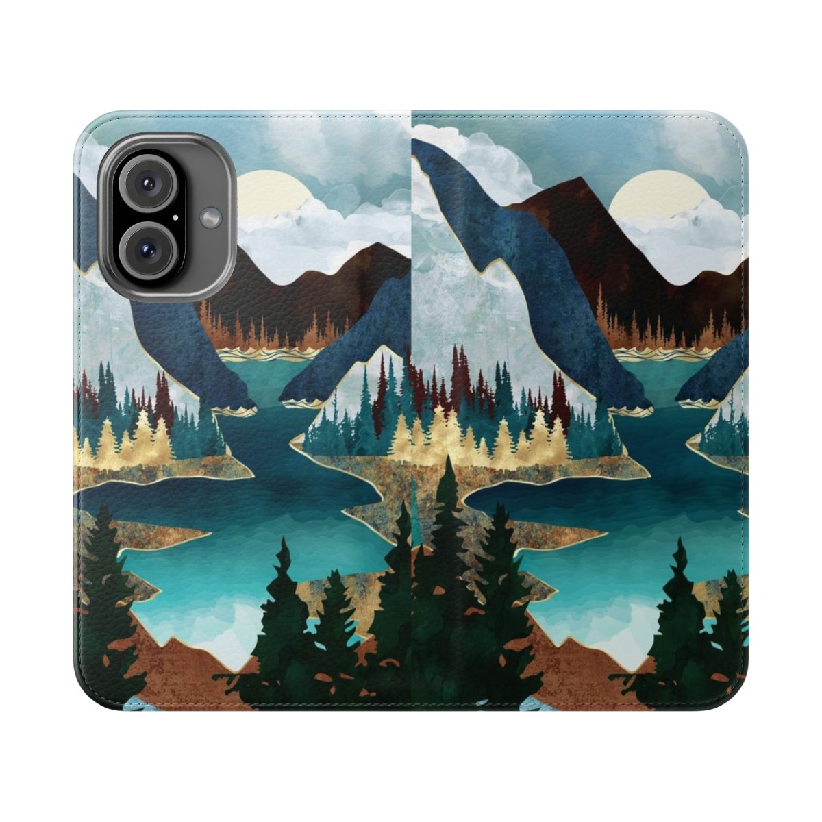 Flip cover phone case with a scenic river and mountain landscape design