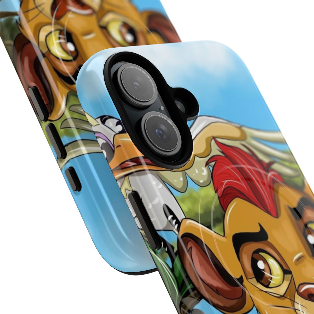 Colorful illustration of a smiling cartoon lion on a durable phone case - Detail