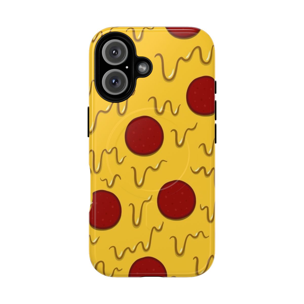 Pepperoni pizza-themed phone case with melting cheese and dripping sauce design