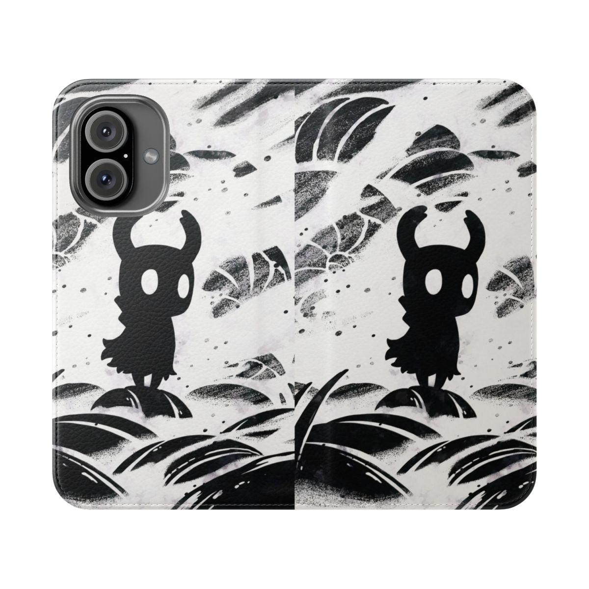 Black and white flip cover phone case featuring Hollow Knight game art and characters