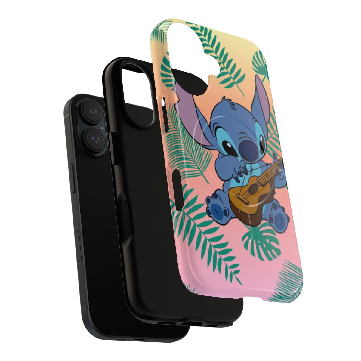 A vibrant, stitch-inspired magnetic phone case featuring exotic tropical leaves on a bright background. - Layers