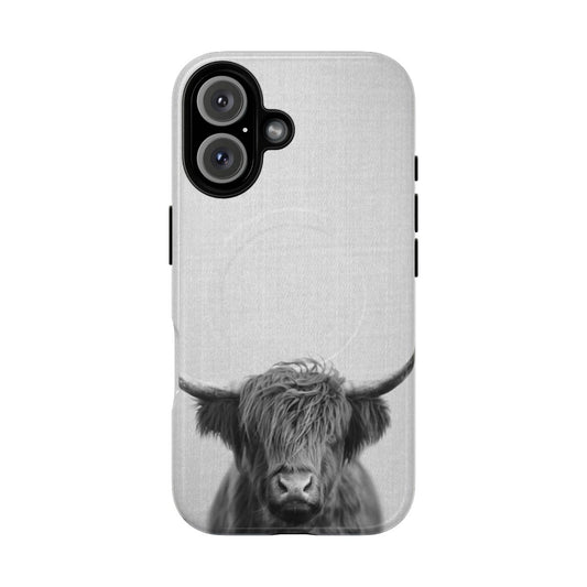 Black and white illustration of a majestic highland cow on a sturdy magnetic phone case