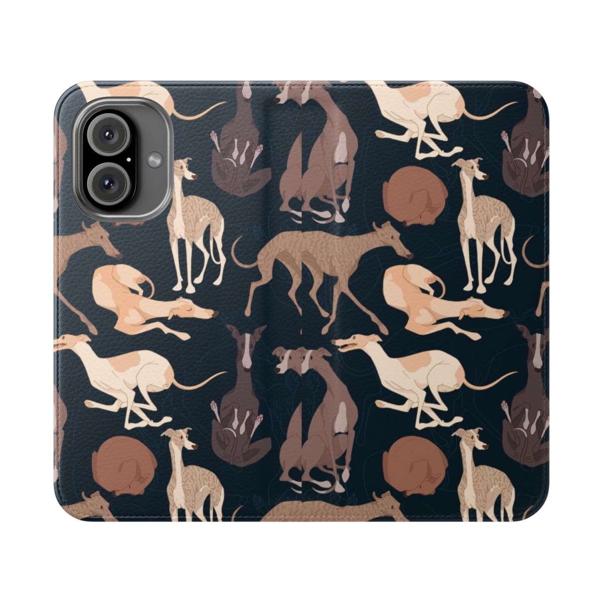 A flip phone case featuring a whippet dog pattern in a half drop design.