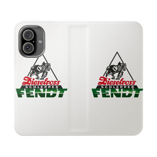 Flip cover phone case with a German tractor inspired Fendt diesel horsepower hauler design.