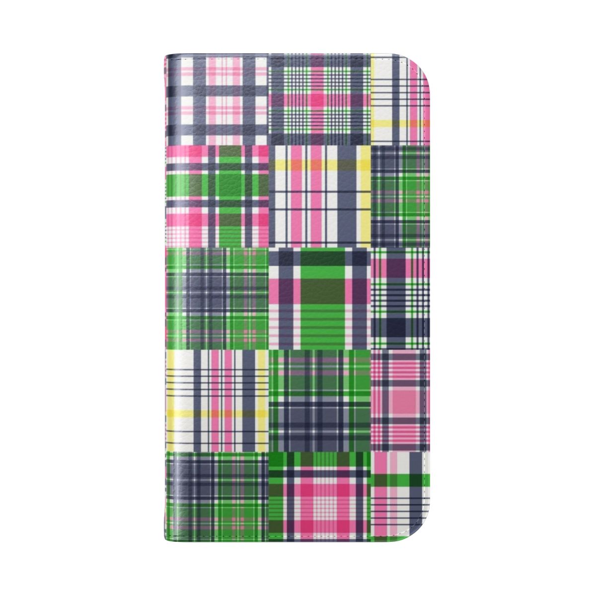 A pink, navy blue, and lime green patchwork madras print phone case. - Folded Back