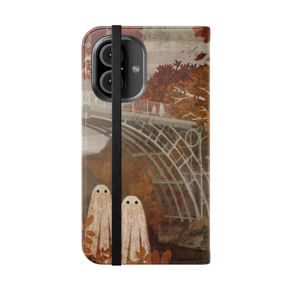 Vintage-style phone case featuring a ghostly autumn landscape with a haunted bridge - Folded Front