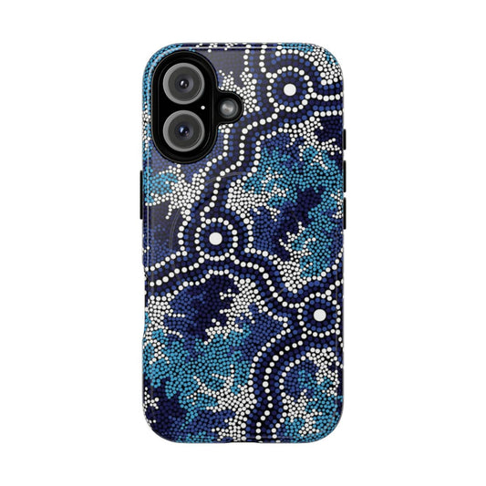 Aboriginal-inspired wetland dreaming phone case with indigenous art elements like dots, kangaroo, and emu