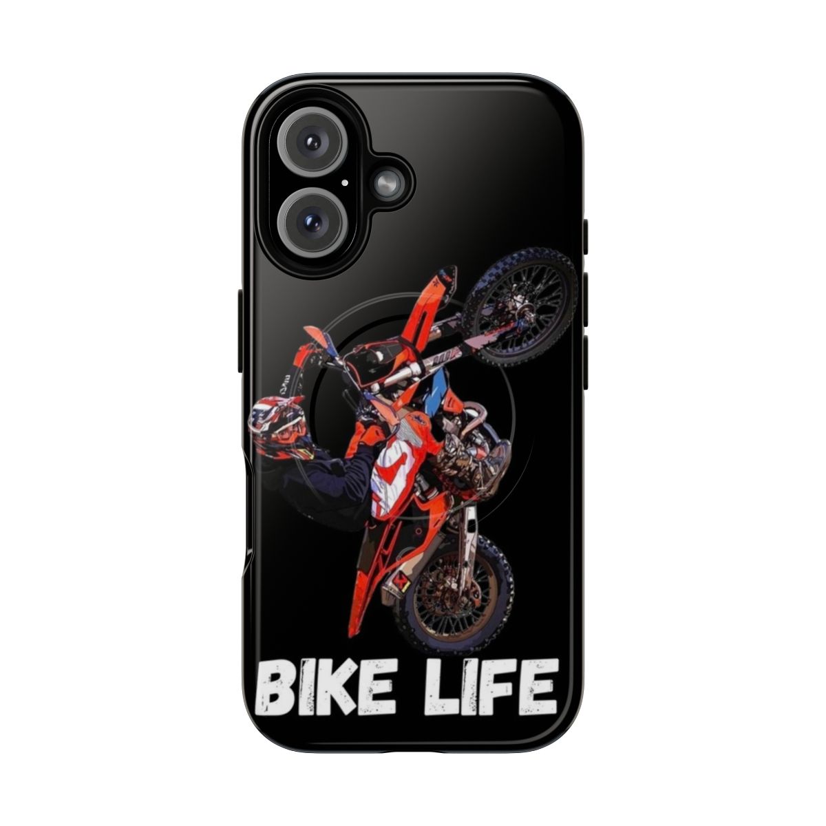 Magnetic tough phone case with bike life, wheeling, and extreme sports design.