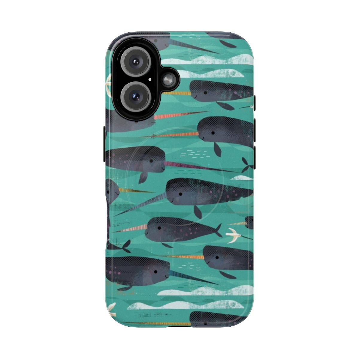 Colorful digital art design featuring a narwhal and owl on a phone case