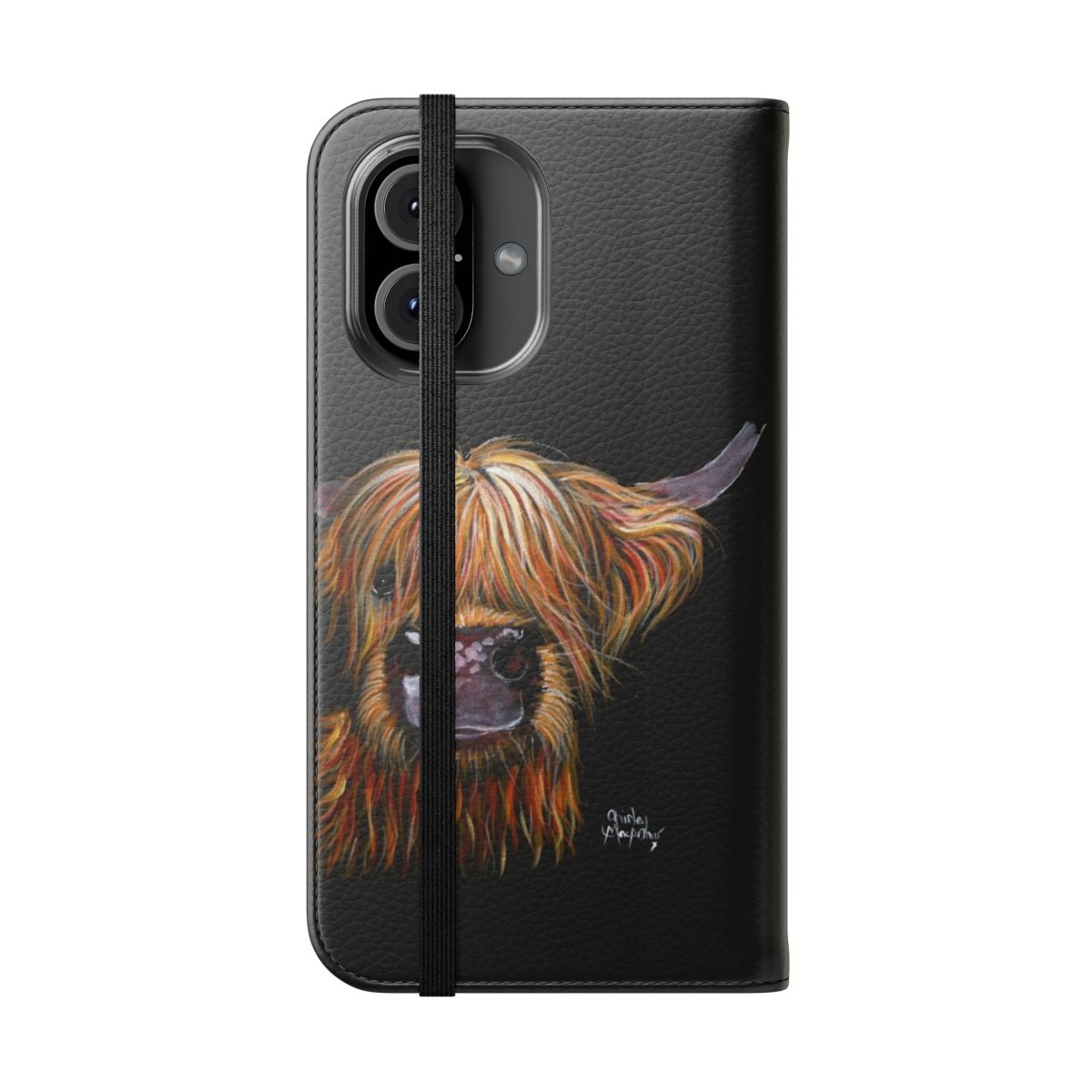 Colorful illustration of a friendly Scottish Highland cow named "Henry" on a flip cover phone case - Folded Front