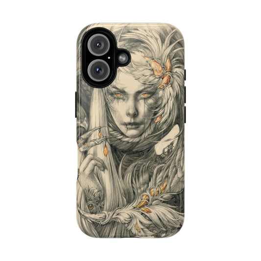 A phone case featuring a fantastical illustration of a woman with hawks and amber jewelry in a natural, forested setting.