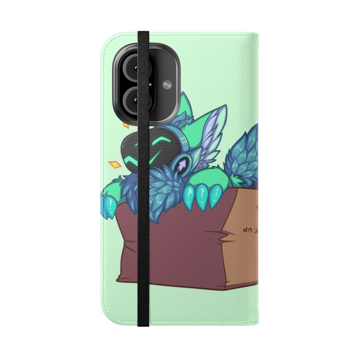 A green flip cover phone case featuring a protogen character, a cyborg-like anthro robot from the furry fandom. - Folded Front