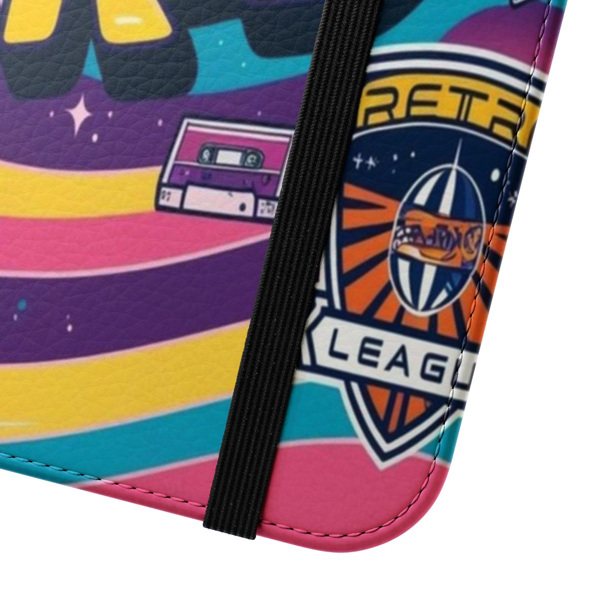 Retro 90s nostalgic flip phone case with colorful, neon, and vintage design elements. - Close Up