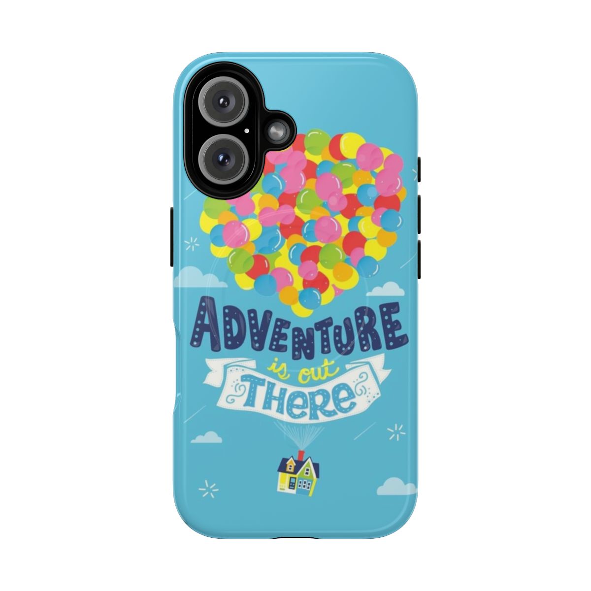 Tough magnetic phone case with inspirational "Adventure is out there" design